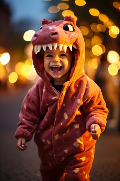 Foto um menino de 18 meses com um traje de dragão verde para o halloween.