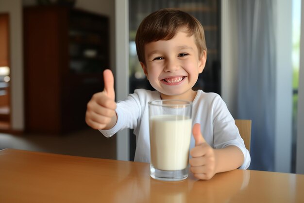 Foto um menino de 5 anos com um copo de leite dá o polegar para mostrar o leite