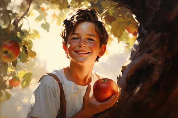 Um menino de 6 anos de idade a rir alcança uma maçã numa maçã.