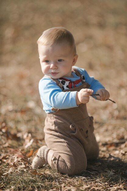 um menino de 7 meses sentado na grama verde a caminhar no ar fresco