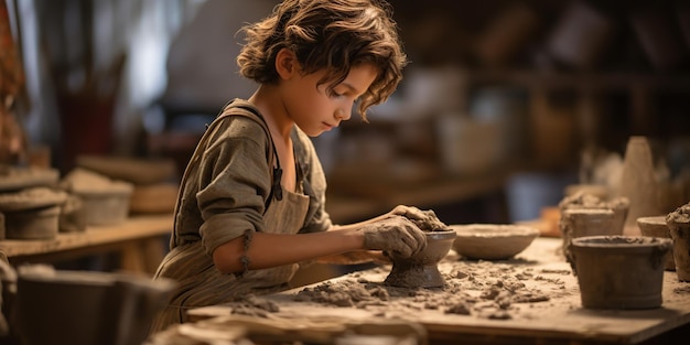 Um menino de 9 anos explora a arte da fabricação de cerâmica em uma oficina criativa moldando argila em belas obras-primas AI Generative AI
