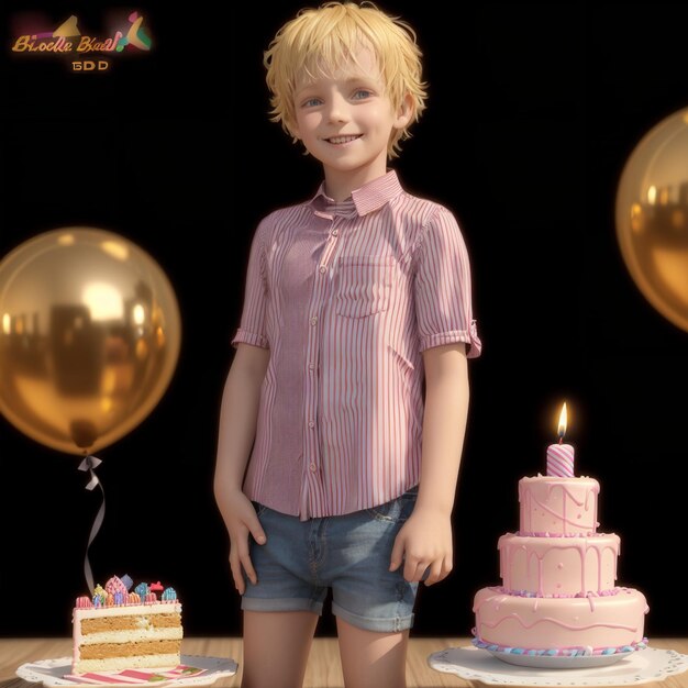 Um menino de cabelo loiro está ao lado de um bolo com um bolo e dois bolos.