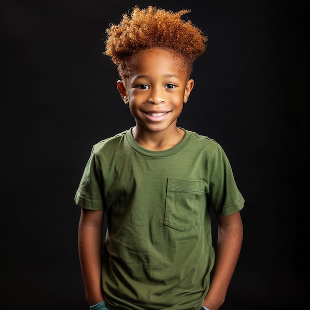 Foto um menino de cabelo vermelho vestindo uma camisa verde com uma camisa branca que diz que ele está sorrindo