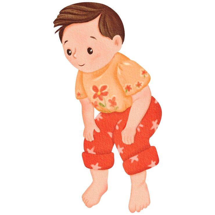 Foto um menino de cabelos escuros está inclinado e procurando algo interessante abaixo ilustração de aquarela isolada para manual de livro infantil guia tutorial livro escolar livro de exercícios bloco de escrita