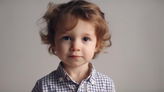 Um menino de cabelos loiros e olhos azuis fica na frente de um fundo branco