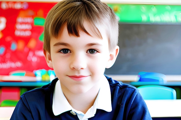 Um menino de camisa azul está sentado em frente a um quadro-negro com a palavra escola.