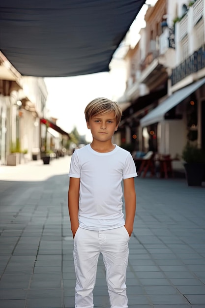 um menino de camisa branca está em uma calçada na frente de um edifício com um toldo preto