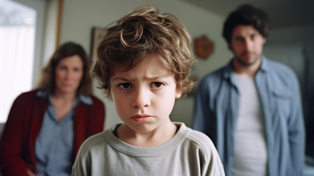 Um menino de camisa cinza fica na frente de sua família ao fundo.