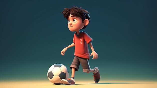 Um menino de camisa vermelha com o número 2 caminha com uma bola de futebol.