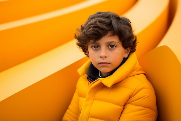 Um menino de casaco amarelo senta-se numa cadeira amarela.