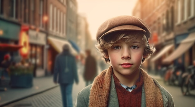Um menino de chapéu em uma rua em Londres