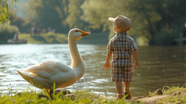 Foto um menino de cinco anos de idade em calções plaid e um boné plaid junto com um grande ganso branco