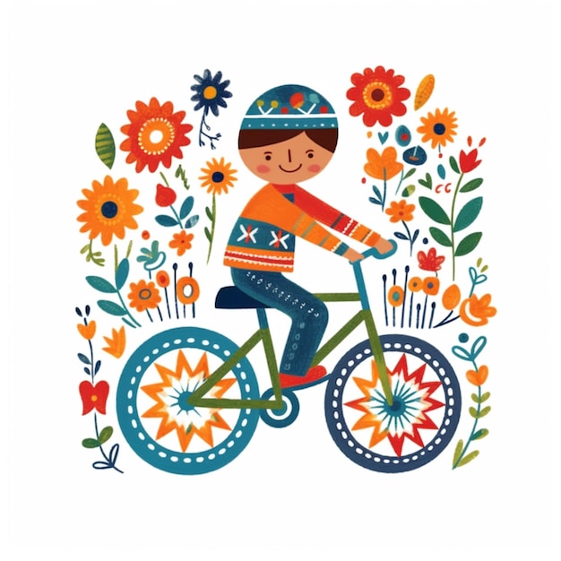 um menino de desenho animado andando de bicicleta com flores e folhas ao seu redor ai generativo