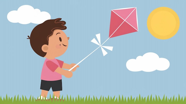 Foto um menino de desenho animado com uma camisa rosa e calções está brincando com uma cometa