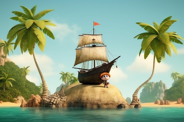 Um menino de desenho animado e um navio em uma ilha