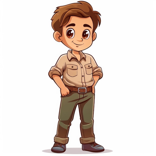 um menino de desenho animado em uma camisa de safari de pé e sorrindo