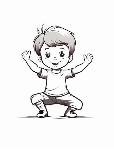 Um menino de desenho animado está fazendo uma postura de ioga com as mãos para cima.