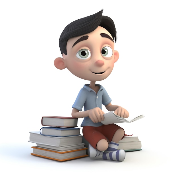 Um menino de desenho animado está sentado em uma pilha de livros e lendo um livro.