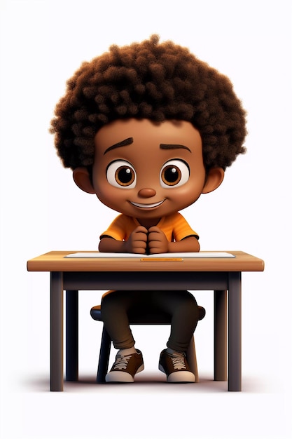 Um menino de desenho animado está sentado numa secretária da escola.