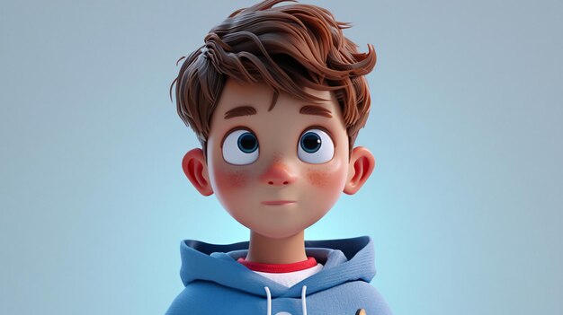 Um menino de desenho animado legal e enérgico com um skate esportivo um hoodie azul céu de moda Esta ilustração de headshot 3D captura seu espírito brincalhão e amor pelo skate