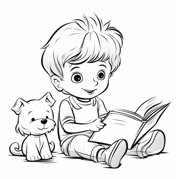 Foto um menino de desenho animado lendo um livro com um gato sentado ao lado dele