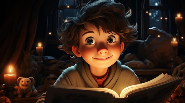 Foto um menino de desenho animado lendo um livro na cama com uma luz acesa
