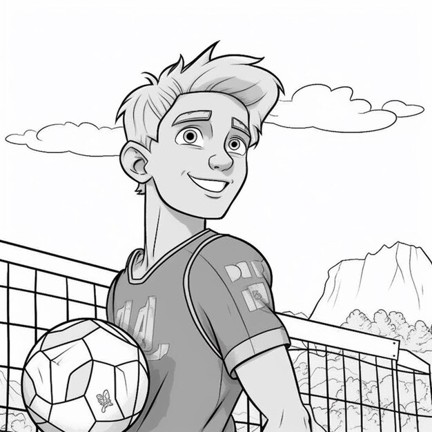 Foto um menino de desenho animado segurando uma bola de futebol em uma praia generativa ai