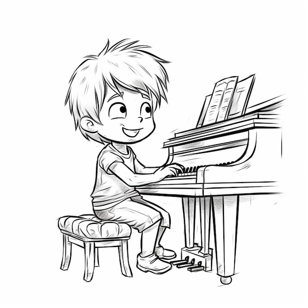 um menino de desenho animado tocando piano com uma folha de música generativa ai