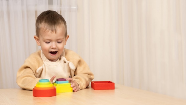 Um menino de dois anos brinca com brinquedos de madeira para desenvolver habilidades lógicas e motoras