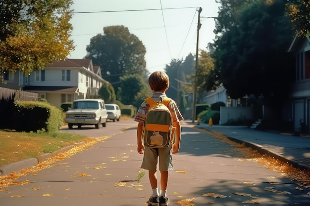 Um menino de escola com uma mochila vai estudar em um tempo ensolarado
