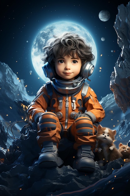 Um menino de fato de astronauta senta-se no espaço de um astronauta.