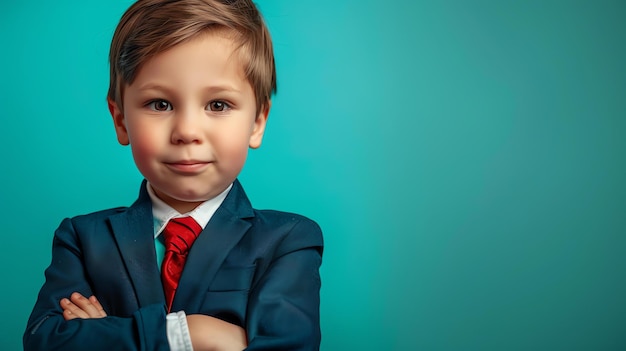 Um menino de fato e gravata parecendo um chefe.