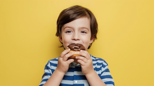 Um menino de frente comendo donuts com chocolate no espaço amarelo