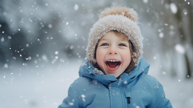 Um menino de jaqueta azul e chapéu aproveitando o clima de neve