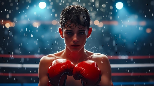 Foto um menino de luvas de boxe de pé na chuva