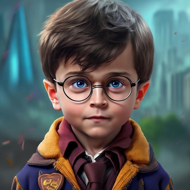 Um menino de olhos azuis e uma jaqueta que diz harry potter.