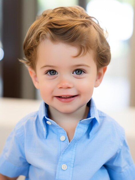 Foto um menino de olhos azuis vestindo uma camisa azul