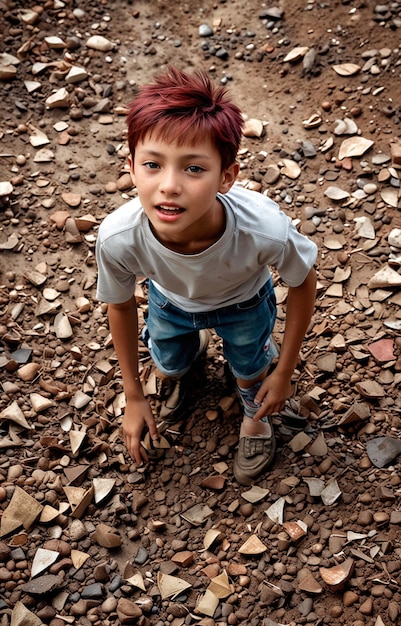Foto um menino de pé em uma pilha de rochas