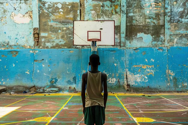 Um menino de pé na frente de um aro de basquete