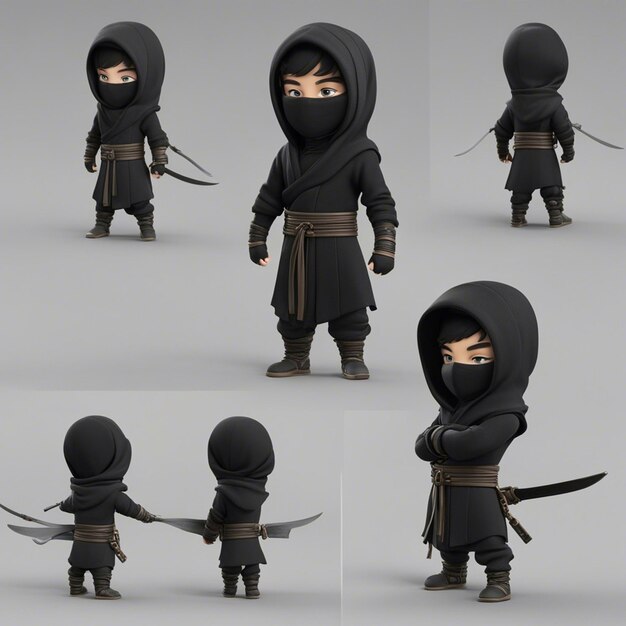 Foto um menino de personagem de desenho animado ninja 3d usa pano preto com fundo branco claro