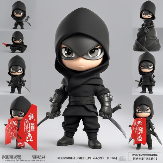 Foto um menino de personagem de desenho animado ninja 3d usa pano preto com fundo branco claro