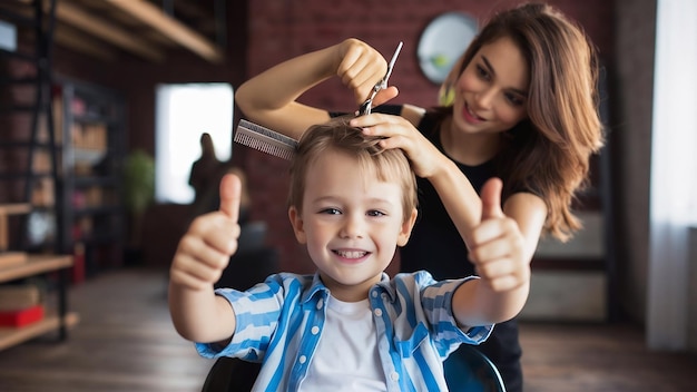 Foto um menino de pré-escolar bonito e satisfeito mostra o polegar para cima enquanto corta o cabelo.