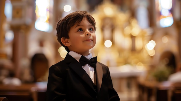 Foto um menino de smoking está em frente a um espelho.