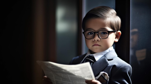 Um menino de terno lendo um jornal.