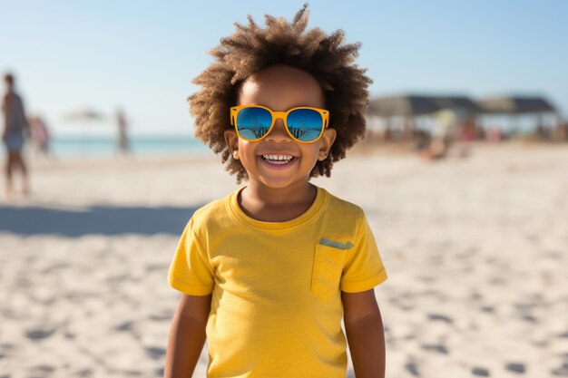 Foto um menino de três anos sorridente em trajes de praia elegantes.