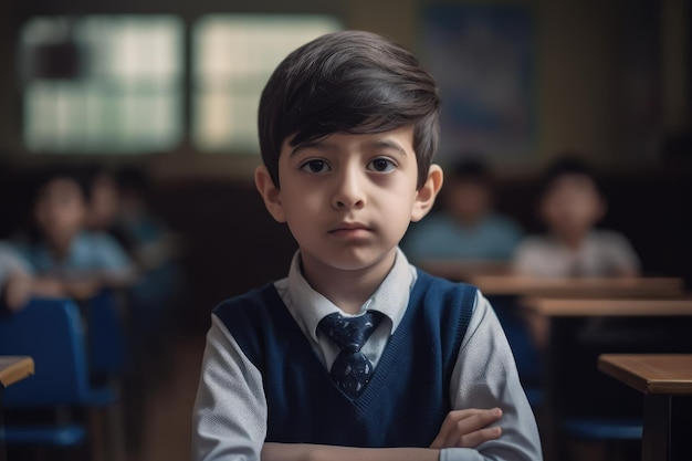 Um menino de uniforme escolar está em uma sala de aula com os braços cruzados.