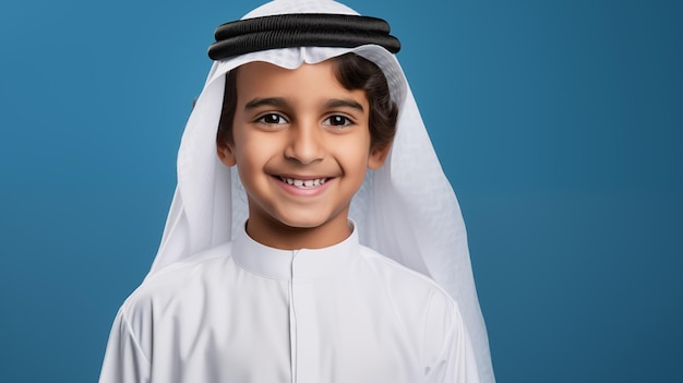 Foto um menino de vestido branco está sorrindo para a câmera