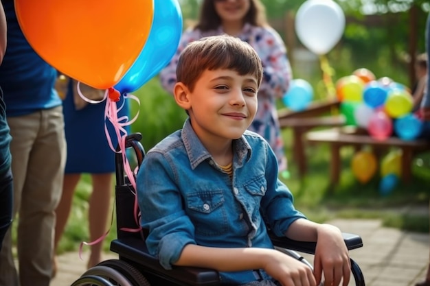 Um menino deficiente em uma cadeira de rodas com balões em uma festa de aniversário