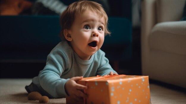 Um menino deita no chão e olha para uma caixa de presente.