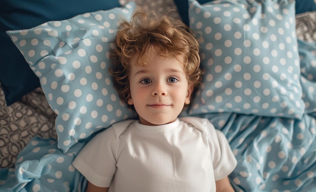 um menino deitado na cama com almofadas azuis e brancas ao redor de sua cabeça